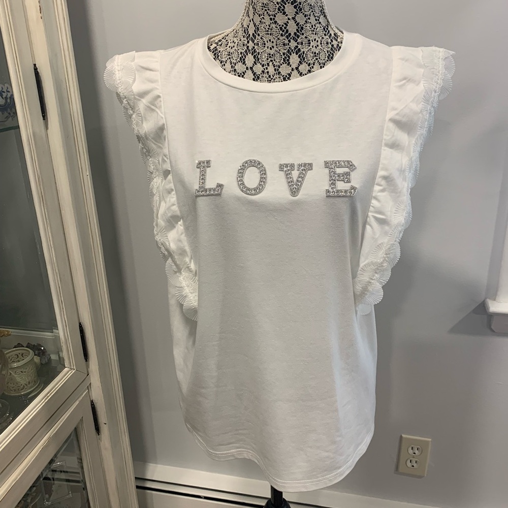 White Ruffled Sleeve Tee with Gray Sparkle  Studded LOVE Embellishments